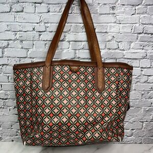FOSSIL Sydney Signature Large Tote Bag Shoulder Purse Pink Brown Leather 16"x12"